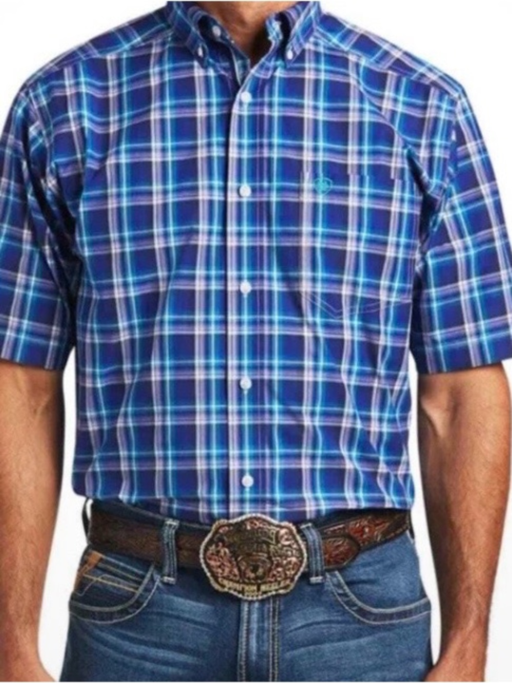 Ariat Pro S Men’s Isidro short sleeve blue plaid shirt , size XXL Tall